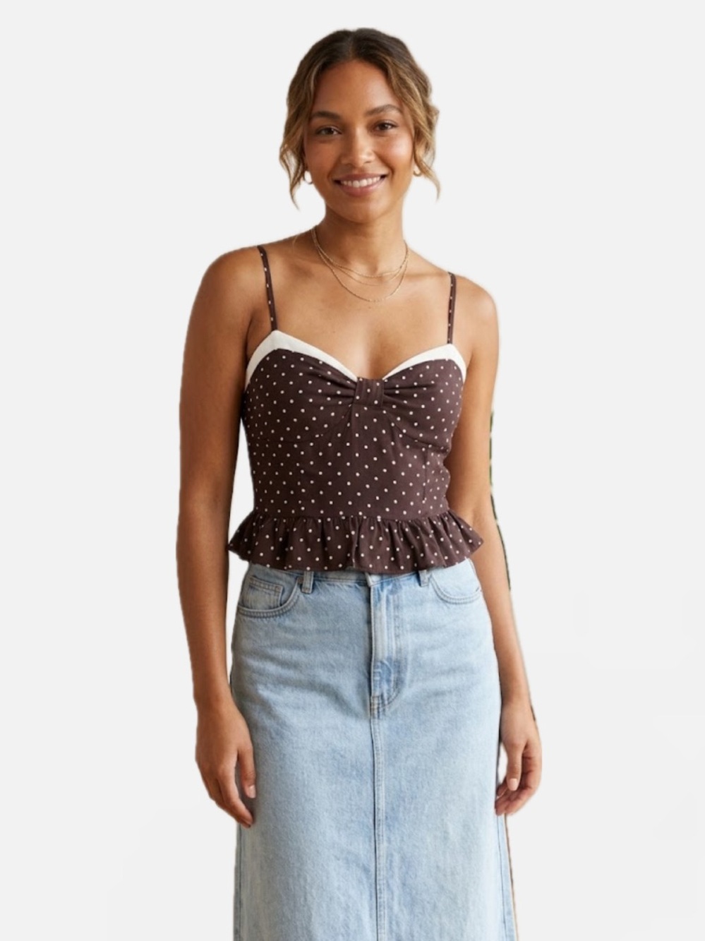 SIENNA SKY WOMEN L BROWN/WHITE POKA DOT RUFFLE TRIM SLEEVELESS CROP TANK NWT